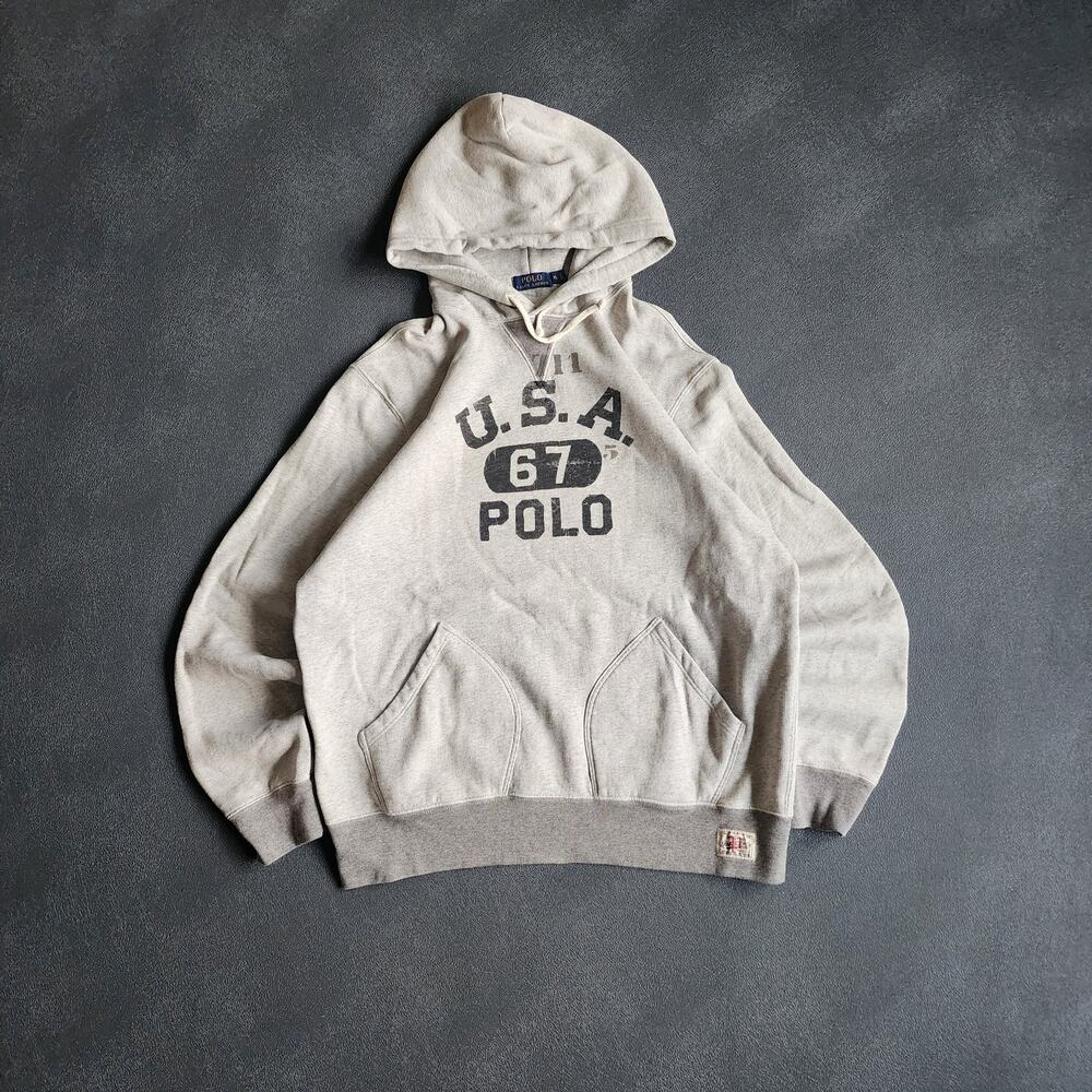 Polo Ralph Lauren RL '67 USA V Neck Grey Cotton Pullover Hoodie XL